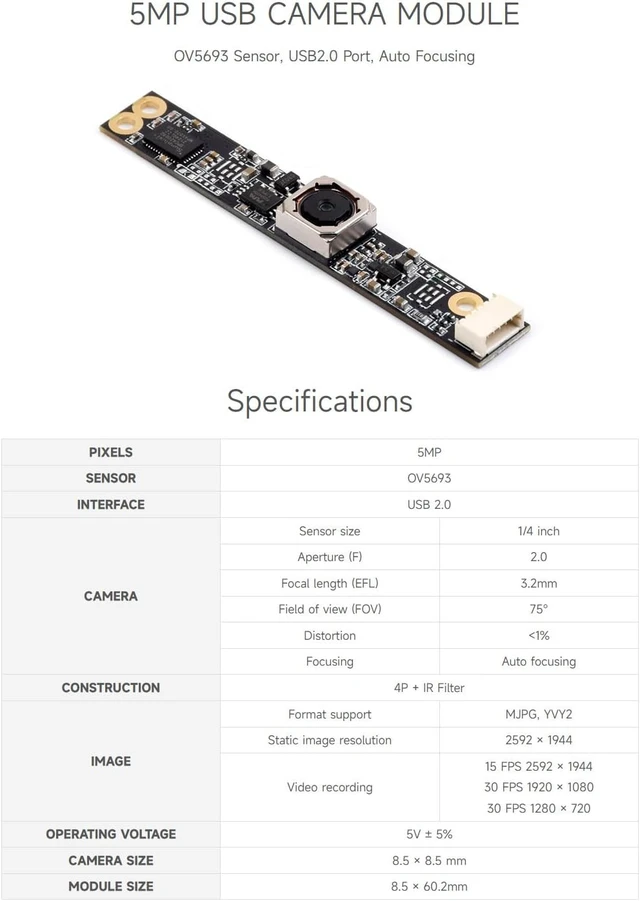 Alt view image 3 of 6 - waveshare OV5693 5MP USB Camera (B), Compatible with Raspberry Pi 5 and Jetson Nano Series Board, Fixed-Focus, Auto Focusing