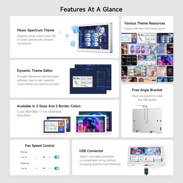 Alt view image 4 of 7 - waveshare 5inch USB Monitor, PC Case Secondary Screen/Desktop RGB Ambient Screen, IPS Panel, 800×480 Resolution, with Music Spectrum Analysis Function, Type-C Interface, CNC Metal Case, Silver
