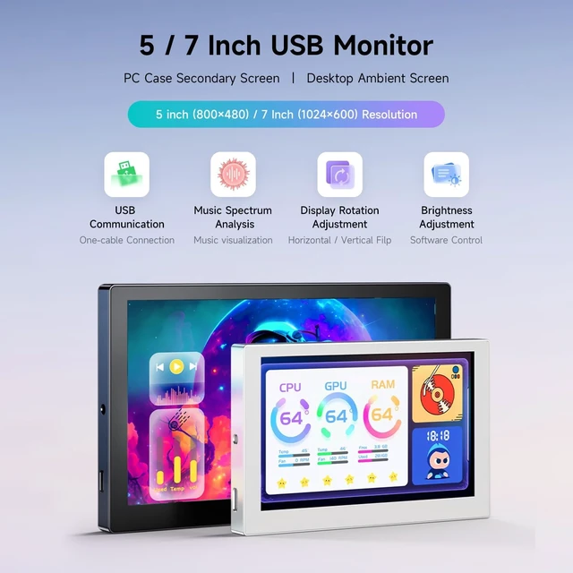 Alt view image 3 of 7 - waveshare 5inch USB Monitor, PC Case Secondary Screen/Desktop RGB Ambient Screen, IPS Panel, 800×480 Resolution, with Music Spectrum Analysis Function, Type-C Interface, CNC Metal Case, Silver