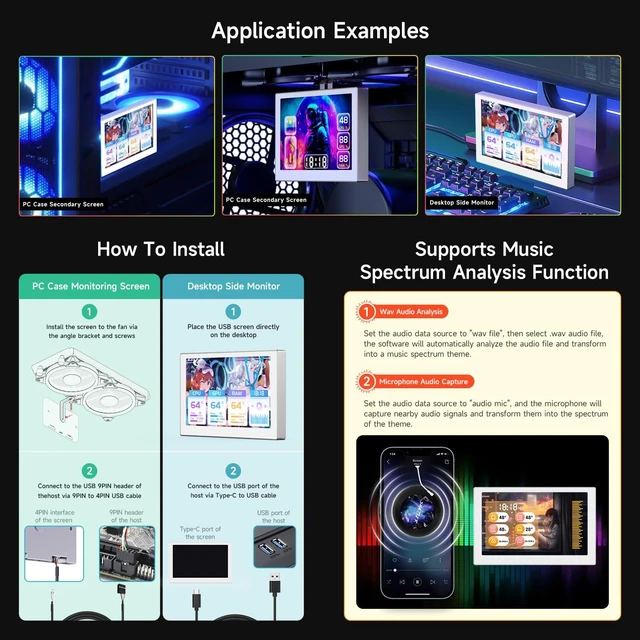 Alt view image 5 of 7 - waveshare 5inch USB Monitor, PC Case Secondary Screen/Desktop RGB Ambient Screen, IPS Panel, 800×480 Resolution, with Music Spectrum Analysis Function, Type-C Interface, CNC Metal Case, Silver