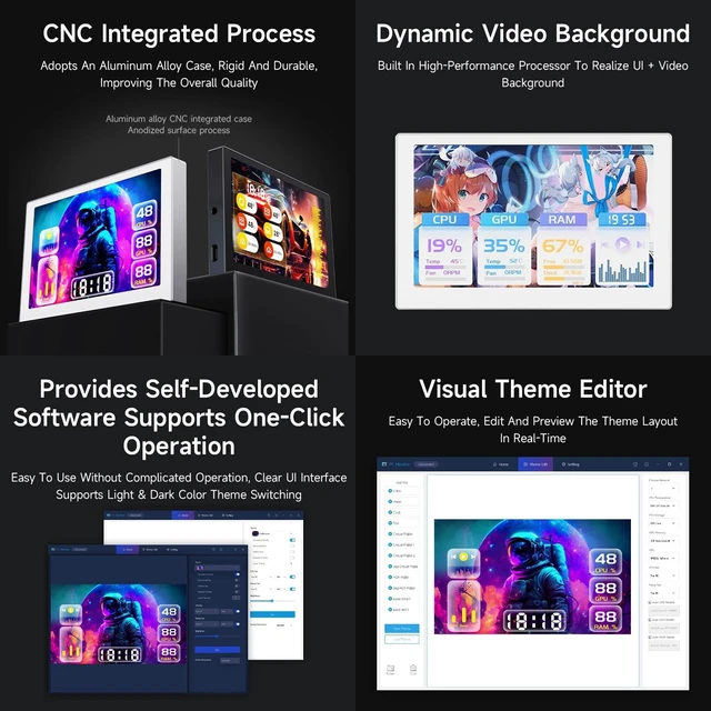 Alt view image 6 of 7 - waveshare 5inch USB Monitor, PC Case Secondary Screen/Desktop RGB Ambient Screen, IPS Panel, 800×480 Resolution, with Music Spectrum Analysis Function, Type-C Interface, CNC Metal Case, Silver