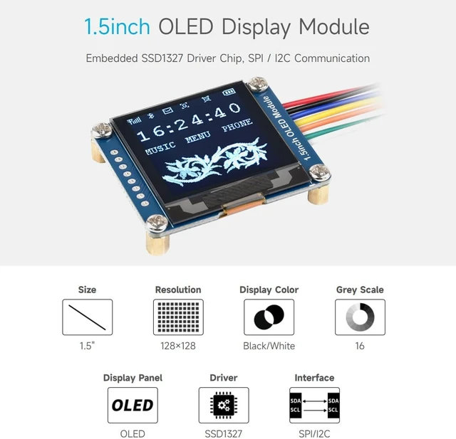 Alt view image 3 of 7 - waveshare 1.5inch OLED Display Module 128x128 Pixels 16-bit Grey Level with Embedded Controller Communicating via SPI or I2C Interface.
