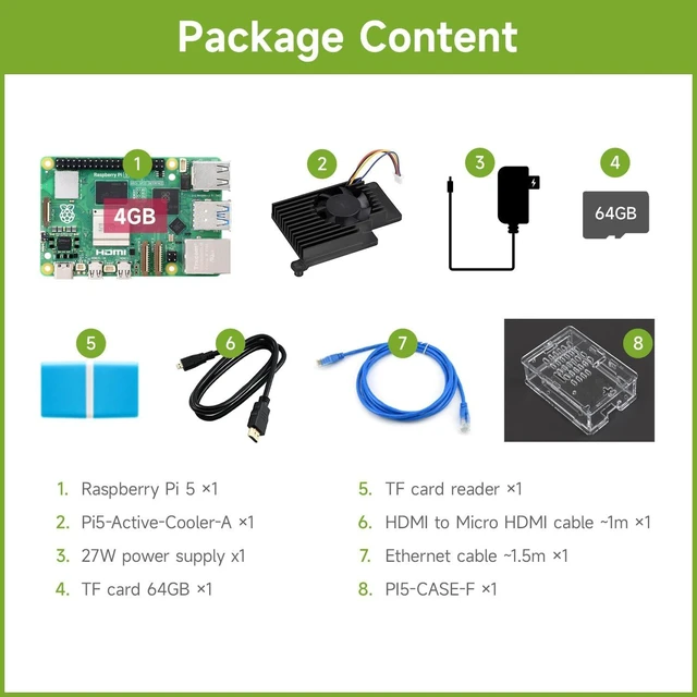 Alt view image 2 of 7 - Waveshare Starter Kit, Compatible with Raspberry Pi 5, Bundle with Raspberry Pi 5 4GB, 64GB TF Card, Cooler, Case, Cable and so on (8 Items)