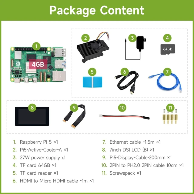 Alt view image 2 of 7 - Waveshare Display Kit, Compatible with Raspberry Pi 5, Bundle with Raspberry Pi 5 4GB, 7inch LCD Cooler, 64GB TF Card, Cable and so on (11 Items)