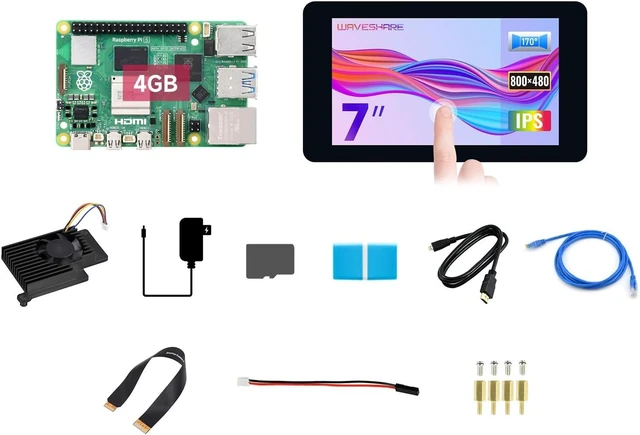 Main image of Waveshare Display Kit, Compatible with Raspberry Pi 5, Bundle with Raspberry Pi 5 4GB, 7inch LCD Cooler, 64GB TF Card, Cable and so on (11 Items)