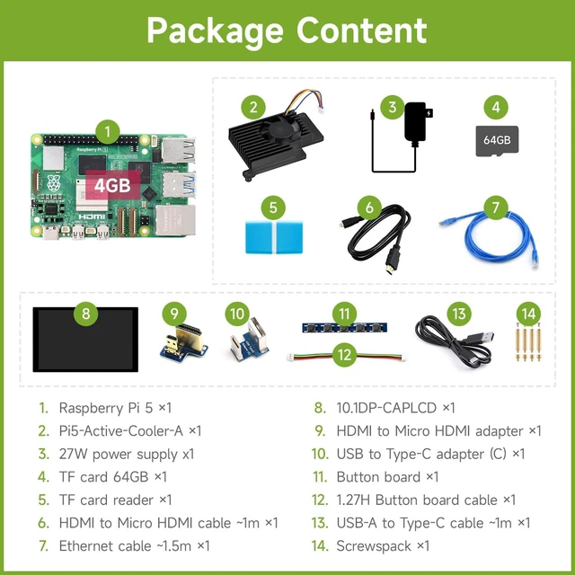 Alt view image 2 of 7 - Waveshare Display Kit, Compatible with Raspberry Pi 5, Bundle with Raspberry Pi 5 4GB, 10.1inch LCD, Cooler, 64GB TF Card, Cable and so on (14 Items)