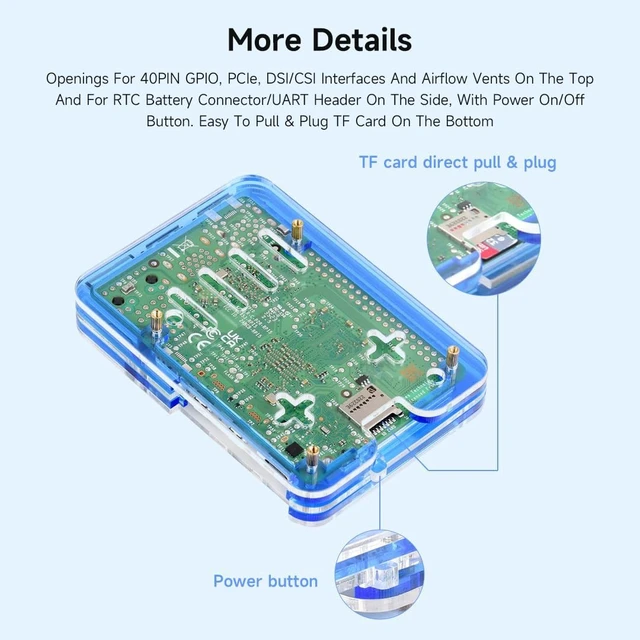 Alt view image 5 of 6 - Waveshare Transparent and Blue Acrylic Case for Raspberry Pi 5, Supports Installing Official Active Cooler