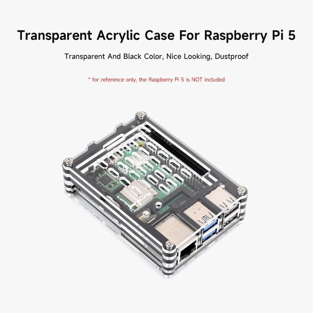Alt view image 3 of 6 - Waveshare Transparent and Black Acrylic Case for Raspberry Pi 5, Supports Installing Official Active Cooler