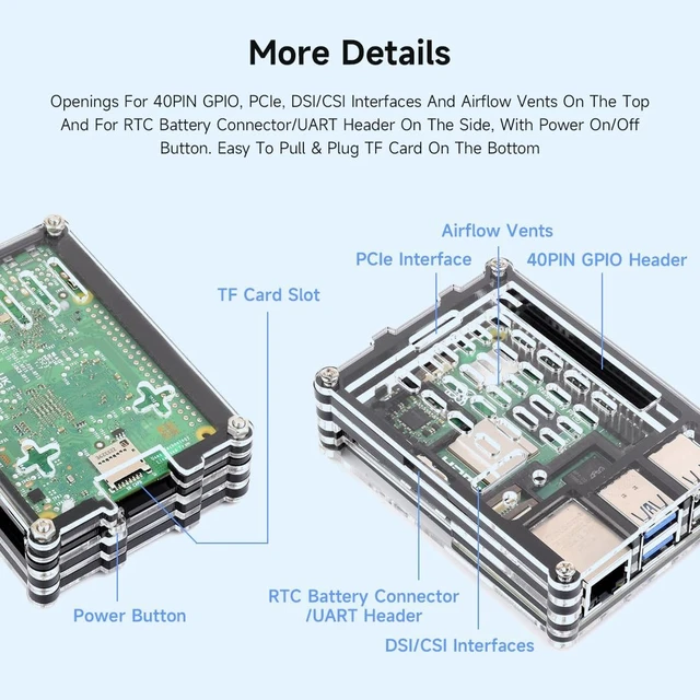 Alt view image 5 of 6 - Waveshare Transparent and Black Acrylic Case for Raspberry Pi 5, Supports Installing Official Active Cooler