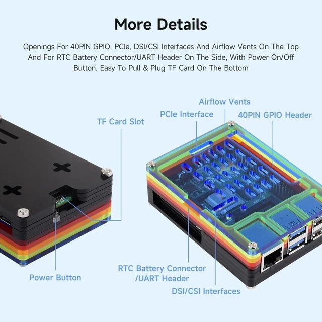 Alt view image 5 of 6 - Waveshare Rainbow Acrylic Case for Raspberry Pi 5, Colorful Translucent Acrylic Case, Supports Installing Official Active Cooler