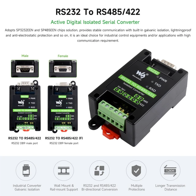 Alt view image 3 of 7 - Waveshare RS232 to RS485/422 Active Digital Isolated Converter Onboard Original SP3232EEN and SP485EEN Chips, RS232 DB9 Male Port