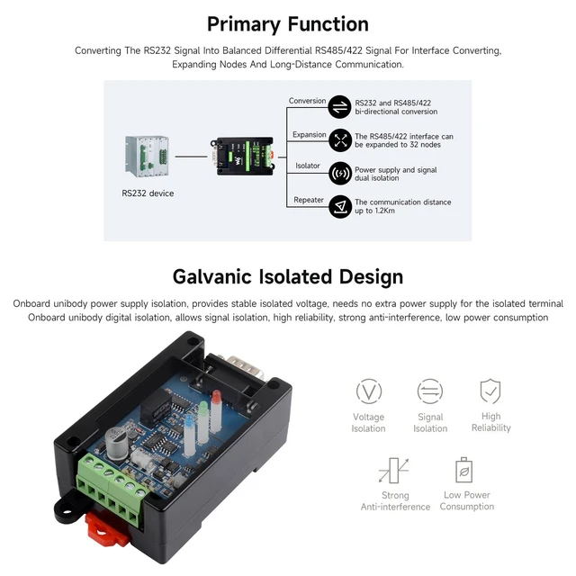 Alt view image 5 of 7 - Waveshare RS232 to RS485/422 Active Digital Isolated Converter Onboard Original SP3232EEN and SP485EEN Chips, RS232 DB9 Male Port
