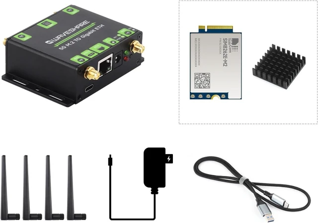 Main image of Waveshare 5G M.2 to Giga-bit Ethernet Converter, 5G M.2 to USB3.1, Aluminum Alloy Case, Wall-Mount Support, Quad Antennas, Onboard M.2 Key B Interface, USB3.1 Port, with SIM8262E-M2 5G Module