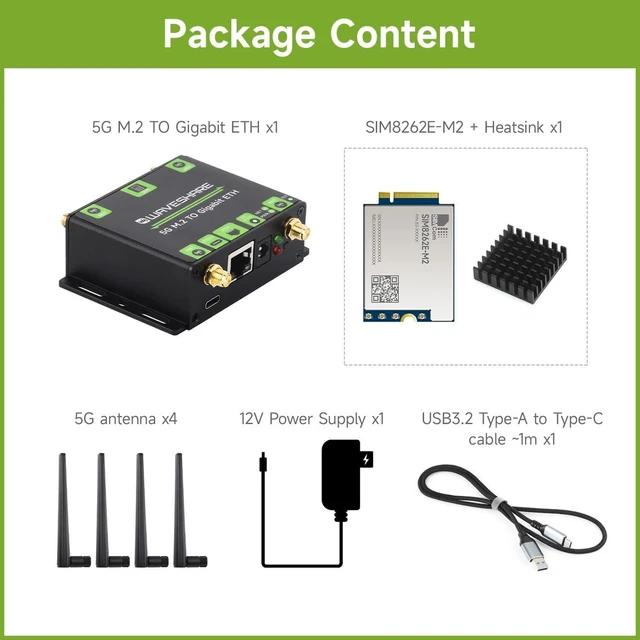 Alt view image 2 of 7 - Waveshare 5G M.2 to Giga-bit Ethernet Converter, 5G M.2 to USB3.1, Aluminum Alloy Case, Wall-Mount Support, Quad Antennas, Onboard M.2 Key B Interface, USB3.1 Port, with SIM8262E-M2 5G Module