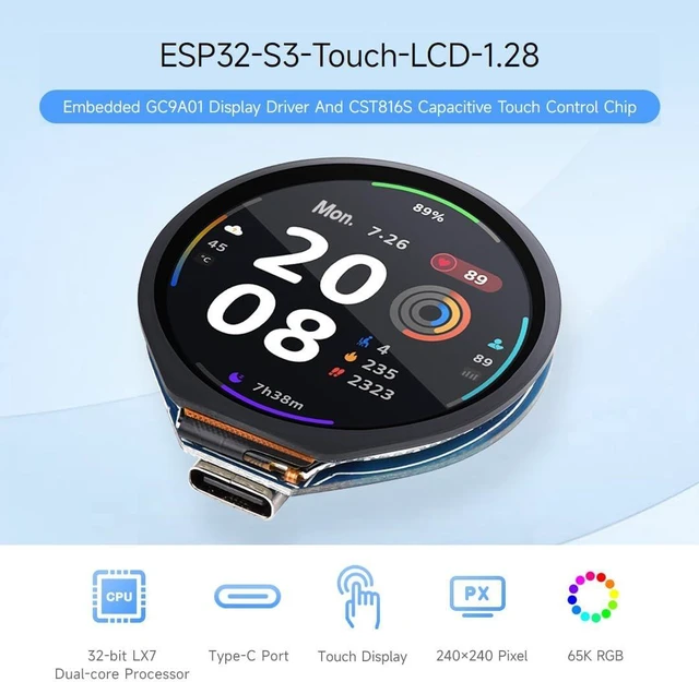 Alt view image 3 of 7 - Waveshare ESP32-S3 Development Board, with 1.28inch Round Touch LCD, Compact Size, Accelerometer and Gyroscope Sensor