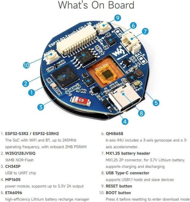 Alt view image 6 of 7 - Waveshare ESP32-S3 Development Board, with 1.28inch Round Touch LCD, Compact Size, Accelerometer and Gyroscope Sensor