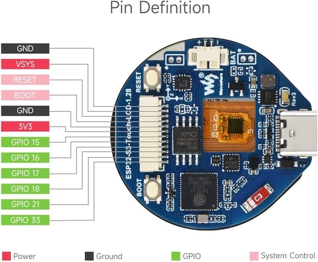 Alt view image 7 of 7 - Waveshare ESP32-S3 Development Board, with 1.28inch Round Touch LCD, Compact Size, Accelerometer and Gyroscope Sensor