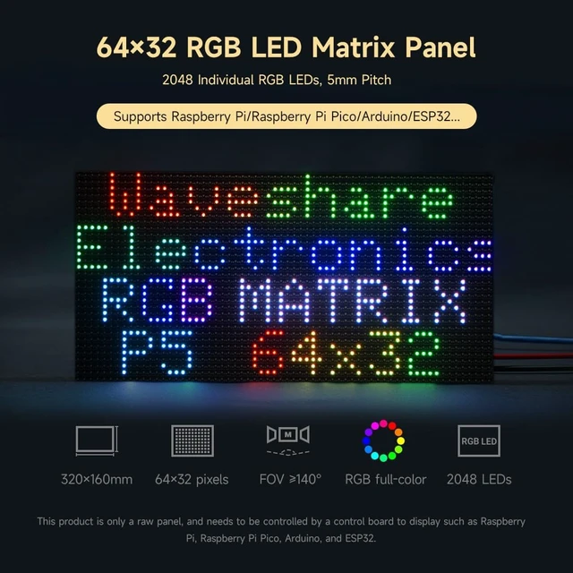 Alt view image 3 of 7 - Waveshare RGB Full-Color LED Matrix Panel, 5mm Pitch, 64×32 Pixels, Adjustable Brightness, Compatible with Raspberry Pi 5/4B/3B/Zero/Zero W/Zero 2W/Pico/Pico W/Pico WH/ESP32