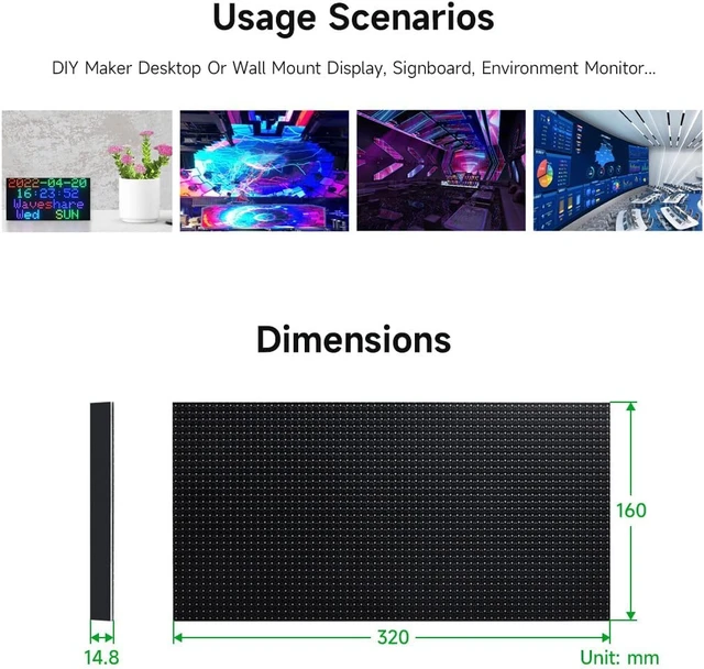 Alt view image 7 of 7 - Waveshare RGB Full-Color LED Matrix Panel, 5mm Pitch, 64×32 Pixels, Adjustable Brightness, Compatible with Raspberry Pi 5/4B/3B/Zero/Zero W/Zero 2W/Pico/Pico W/Pico WH/ESP32