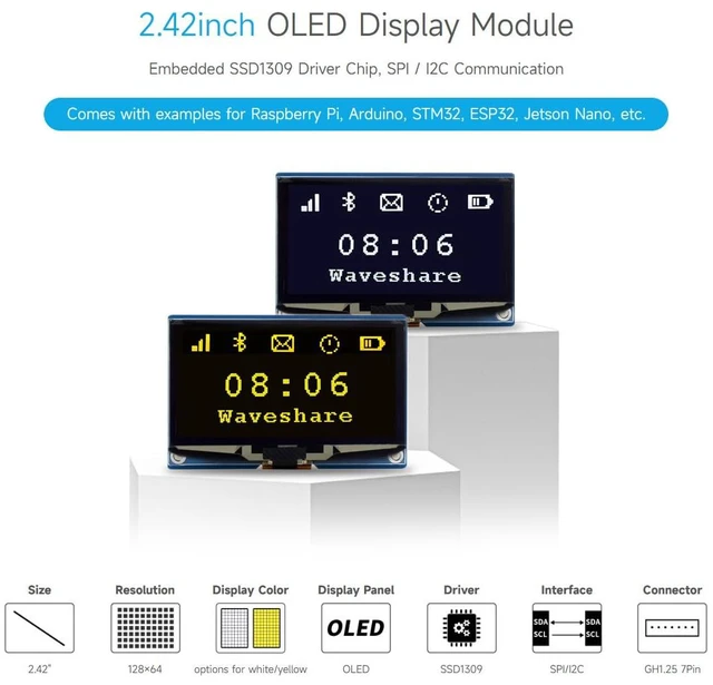 Alt view image 3 of 7 - Waveshare 2.42inch OLED Display Module, 128×64 Resolution, SPI / I2C Communication, Yellow Version