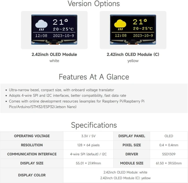 Alt view image 4 of 7 - Waveshare 2.42inch OLED Display Module, 128×64 Resolution, SPI / I2C Communication, White Version