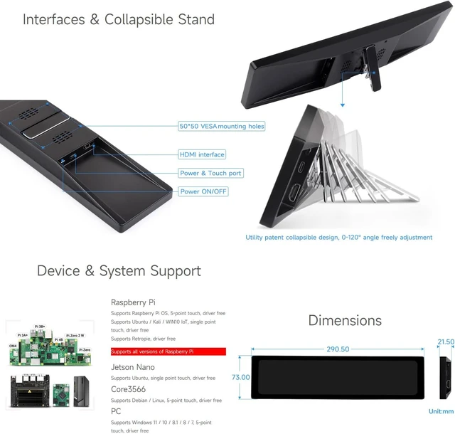 Alt view image 7 of 7 - waveshare 11.9inch IPS Display, Compatible with Raspberry Pi 5/4B/3B+/3A+/2B/B+/A+/Zero/Zero W/WH/Zero 2W CM3+/4, 5-Point Touch, No Driver Required, with Touch Function