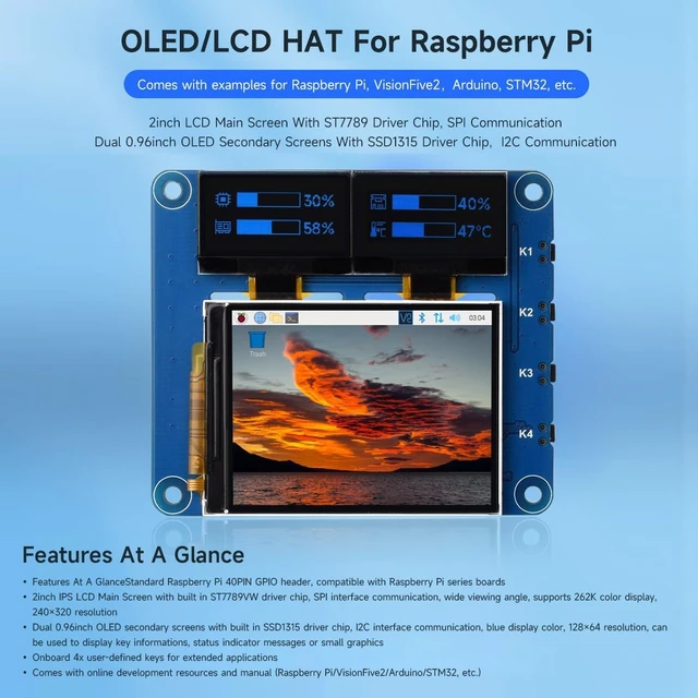 Alt view image 3 of 7 - Waveshare OLED/LCD HAT, Onboard 2inch IPS LCD Main Screen and Dual 0.96inch Blue OLED Secondary Screens, with 40PIN GPIO Header, Compatible with Raspberry Pi Series Boards