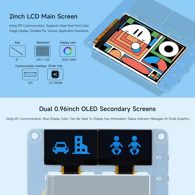 Alt view image 4 of 7 - Waveshare OLED/LCD HAT, Onboard 2inch IPS LCD Main Screen and Dual 0.96inch Blue OLED Secondary Screens, with 40PIN GPIO Header, Compatible with Raspberry Pi Series Boards