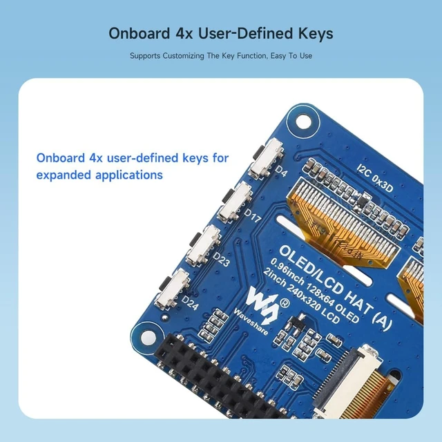 Alt view image 5 of 7 - Waveshare OLED/LCD HAT, Onboard 2inch IPS LCD Main Screen and Dual 0.96inch Blue OLED Secondary Screens, with 40PIN GPIO Header, Compatible with Raspberry Pi Series Boards