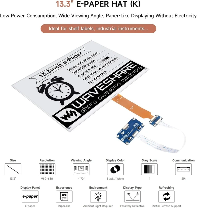 Alt view image 3 of 7 - Waveshare 13.3inch E-Ink Display HAT (K) for Raspberry Pi, SPI Interface, Low Power Consumption, Wide Viewing Angle, Paper-Like Displaying Without Electricity
