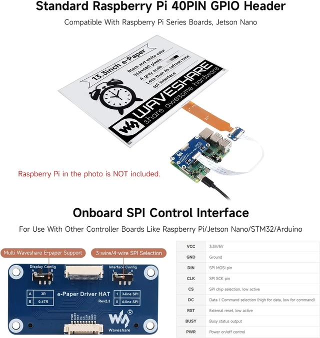 Alt view image 6 of 7 - Waveshare 13.3inch E-Ink Display HAT (K) for Raspberry Pi, SPI Interface, Low Power Consumption, Wide Viewing Angle, Paper-Like Displaying Without Electricity