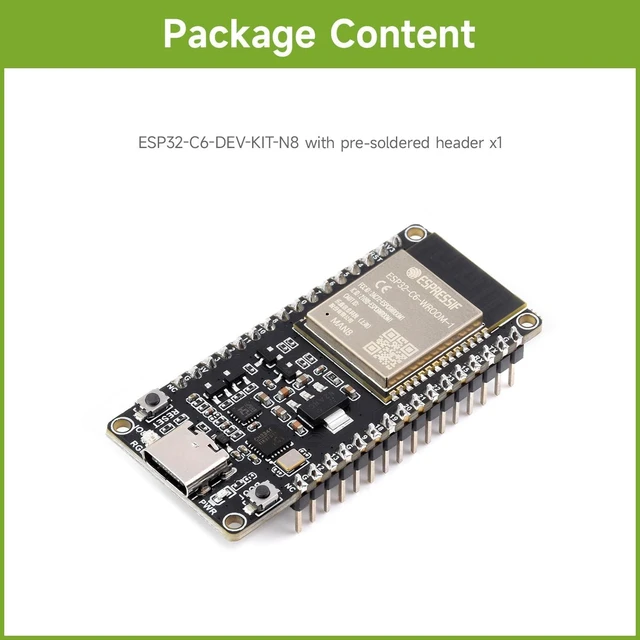 Alt view image 2 of 7 - Waveshare ESP32-C6 Microcontroller, WiFi 6 Development Board, 160MHz Single-Core Processor, ESP32-C6-WROOM-1-N8 Module, Supports USB and UART Development with Pre-soldered Header