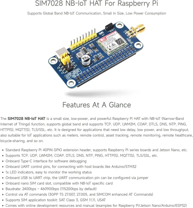 Alt view image 3 of 6 - Waveshare SIM7028 NB-IoT HAT Supports Global Band NB-IoT Communication, Compatible with Raspberry Pi, Onboard 40PIN GPIO Header, Comes with GSM Antenna