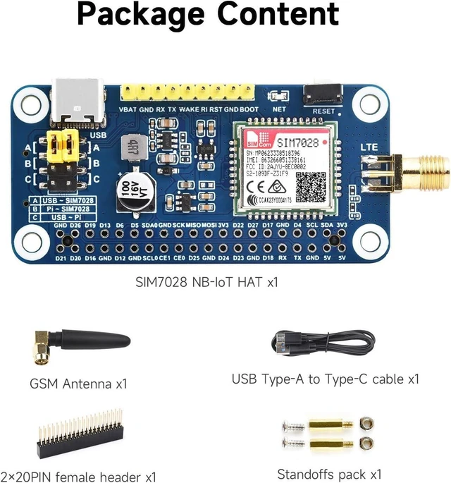 Alt view image 2 of 6 - Waveshare SIM7028 NB-IoT HAT Supports Global Band NB-IoT Communication, Compatible with Raspberry Pi, Onboard 40PIN GPIO Header, Comes with GSM Antenna