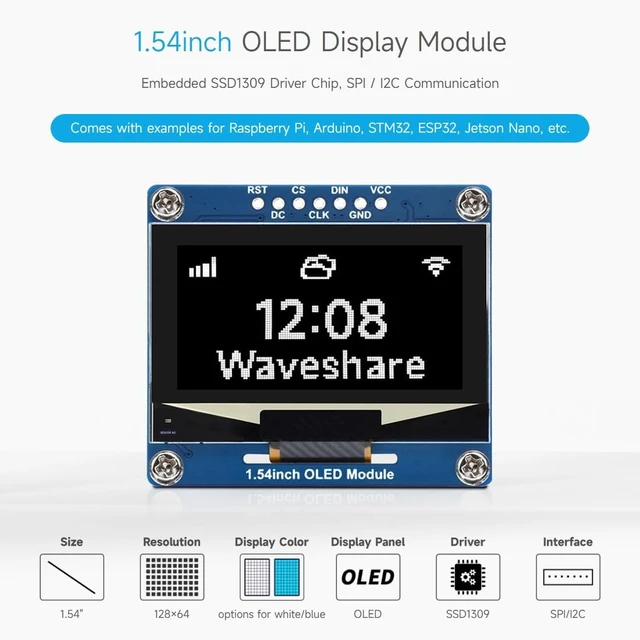 Alt view image 3 of 7 - Waveshare 1.54inch OLED Display Module, 128×64 Resolution, SPI / I2C Communication, White Display Color