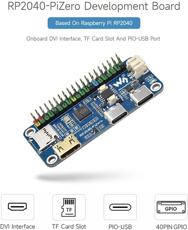 Alt view image 2 of 6 - Waveshare RP2040-PiZero Development Board, Based On The Raspberry Pi RP2040 Dual-Core Processor, 264KB Static Random and 16MB Onboard Flash Memory, Compatible with Raspberry Pi 40PIN GPIO Header