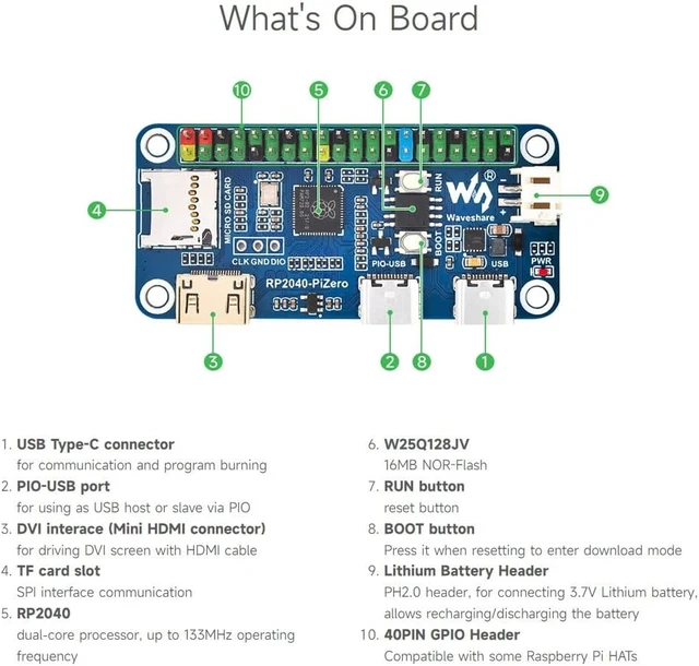 Alt view image 5 of 6 - Waveshare RP2040-PiZero Development Board, Based On The Raspberry Pi RP2040 Dual-Core Processor, 264KB Static Random and 16MB Onboard Flash Memory, Compatible with Raspberry Pi 40PIN GPIO Header