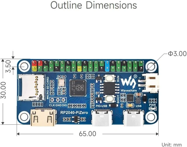 Alt view image 6 of 6 - Waveshare RP2040-PiZero Development Board, Based On The Raspberry Pi RP2040 Dual-Core Processor, 264KB Static Random and 16MB Onboard Flash Memory, Compatible with Raspberry Pi 40PIN GPIO Header