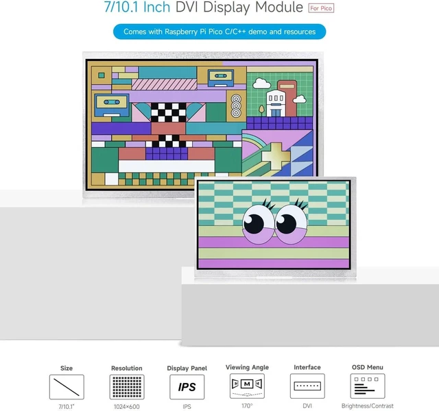 Alt view image 2 of 7 - waveshare 10.1inch DVI Display Module for Raspberry Pi Pico, IPS Panel, 1024×600 Pixel, DVI Interface Communication