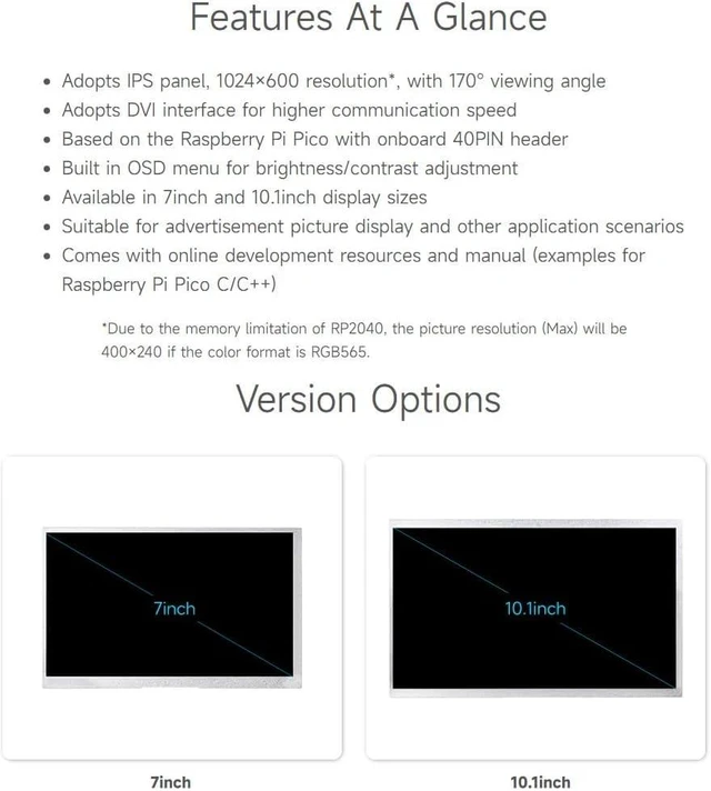 Alt view image 3 of 7 - waveshare 10.1inch DVI Display Module for Raspberry Pi Pico, IPS Panel, 1024×600 Pixel, DVI Interface Communication