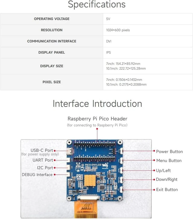 Alt view image 4 of 7 - waveshare 10.1inch DVI Display Module for Raspberry Pi Pico, IPS Panel, 1024×600 Pixel, DVI Interface Communication