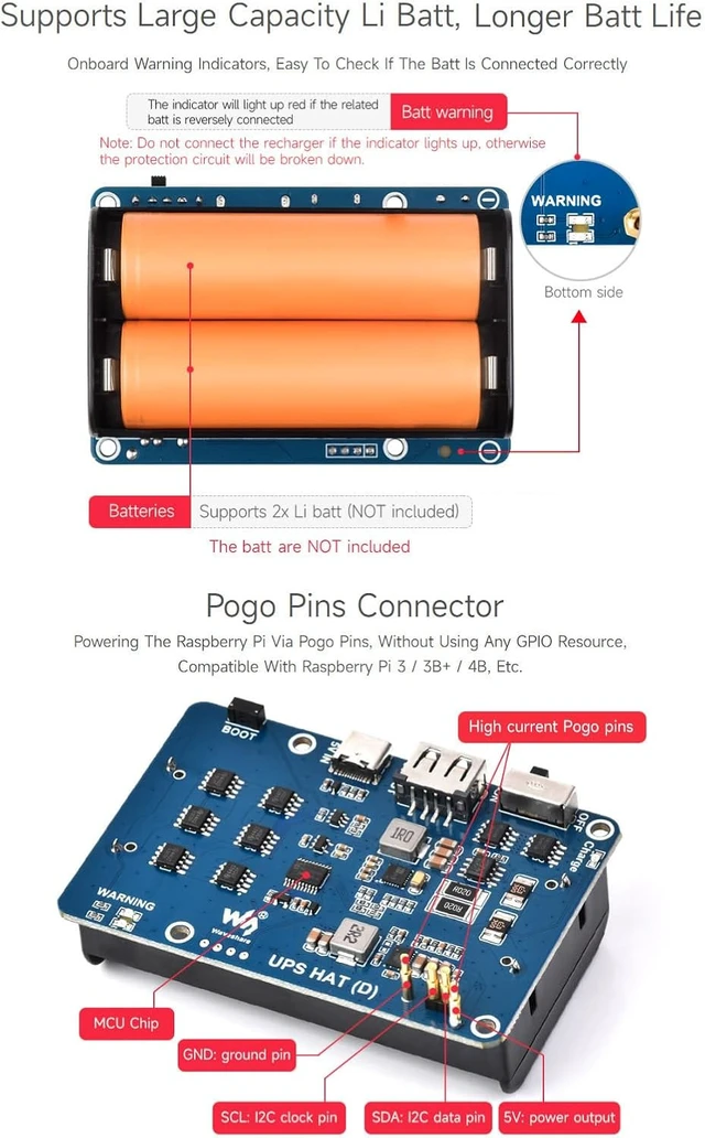 Alt view image 6 of 7 - Waveshare UPS HAT (D) for Raspberry Pi, Supports 21700 Li Battery (NOT Included), 5V Uninterruptible Power Supply, Pogo Pins Connector, Supports Charging and Power Output At The Same Time
