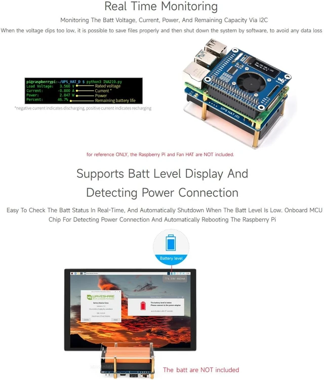 Alt view image 7 of 7 - Waveshare UPS HAT (D) for Raspberry Pi, Supports 21700 Li Battery (NOT Included), 5V Uninterruptible Power Supply, Pogo Pins Connector, Supports Charging and Power Output At The Same Time