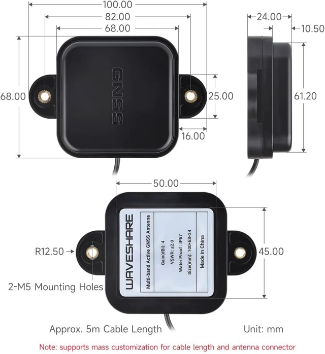 Alt view image 6 of 6 - Waveshare GNSS L1+L2+L5 Multi-GNSS Active Antenna, SMA-J Connector, Sunproof IP67 Waterproof, High Temp Tolerance