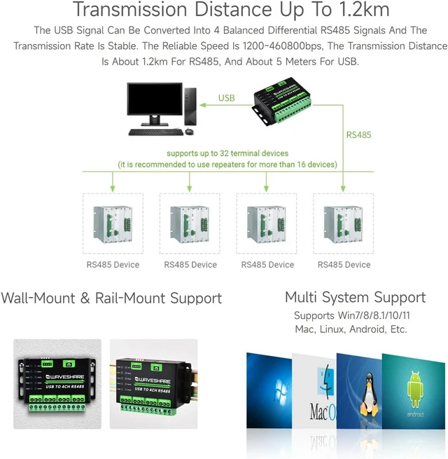 Alt view image 6 of 7 - Waveshare Industrial USB to 4Ch RS485 Converter, Multi Protection Circuits, Multi Systems Support, Aluminium Alloy Case, Wall-Mount & Rail-Mount Support