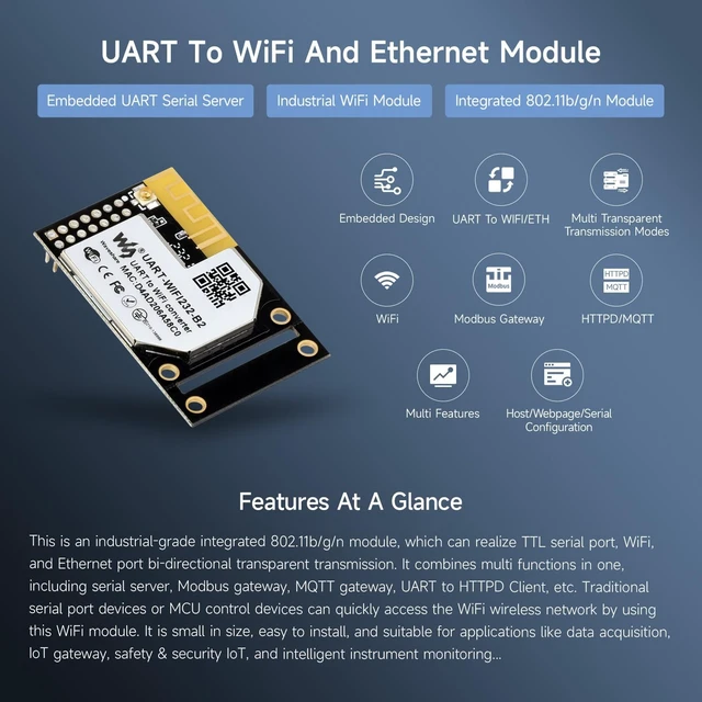 Alt view image 3 of 7 - Waveshare Industrial WiFi & Ethernet Module, UART to WiFi & Ethernet, Small Size, 1 Port