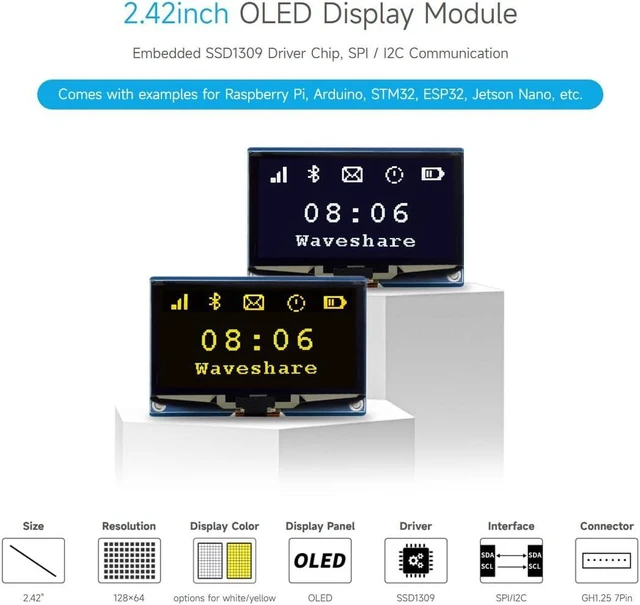 Alt view image 3 of 7 - Waveshare 2.42inch OLED Display Module, 128×64 Resolution, SPI / I2C Communication, White Version