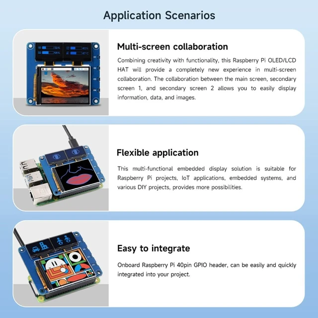 Alt view image 6 of 7 - Waveshare OLED/LCD HAT, Onboard 2inch IPS LCD Main Screen and Dual 0.96inch Blue OLED Secondary Screens, with 40PIN GPIO Header, Compatible with Raspberry Pi Series Boards