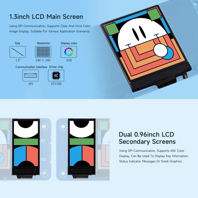Alt view image 4 of 7 - Waveshare Triple LCD HAT, Onboard 1.3inch IPS LCD Main Screen and Dual 0.96inch IPS LCD Secondary Screens, with 40PIN GPIO Header, Compatible with Raspberry Pi Series Boards
