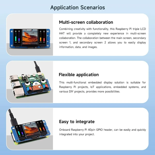 Alt view image 6 of 7 - Waveshare Triple LCD HAT, Onboard 1.3inch IPS LCD Main Screen and Dual 0.96inch IPS LCD Secondary Screens, with 40PIN GPIO Header, Compatible with Raspberry Pi Series Boards